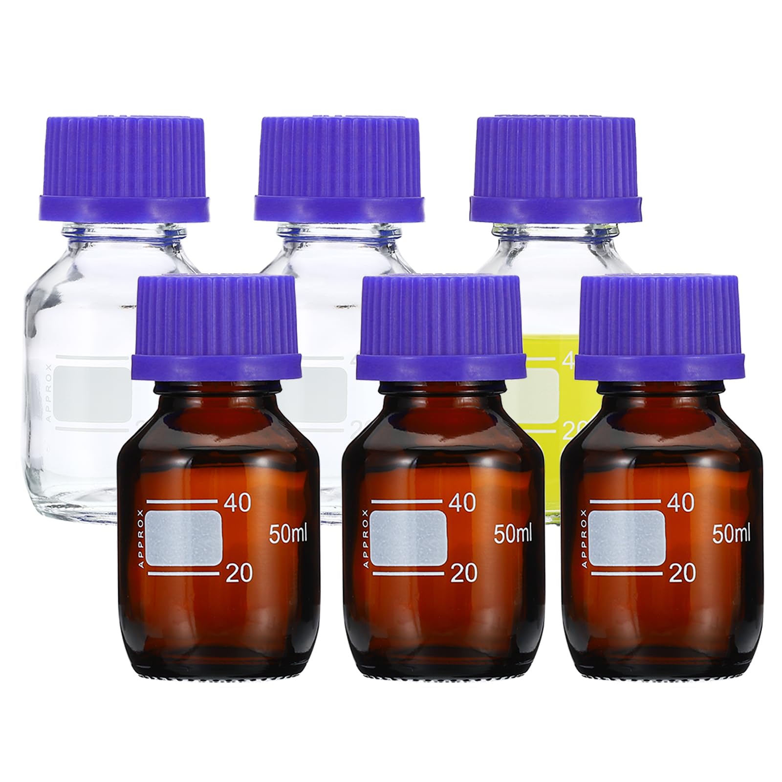 PATIKIL 8 Stück Weithalsflasche aus Glas, 50ml Leere Laborflasche Auslaufsicher mit GL45 hellblauer Schraubverschluss, für Labor Reagenz Medien Flaschen - 4*Klar/4*Braun