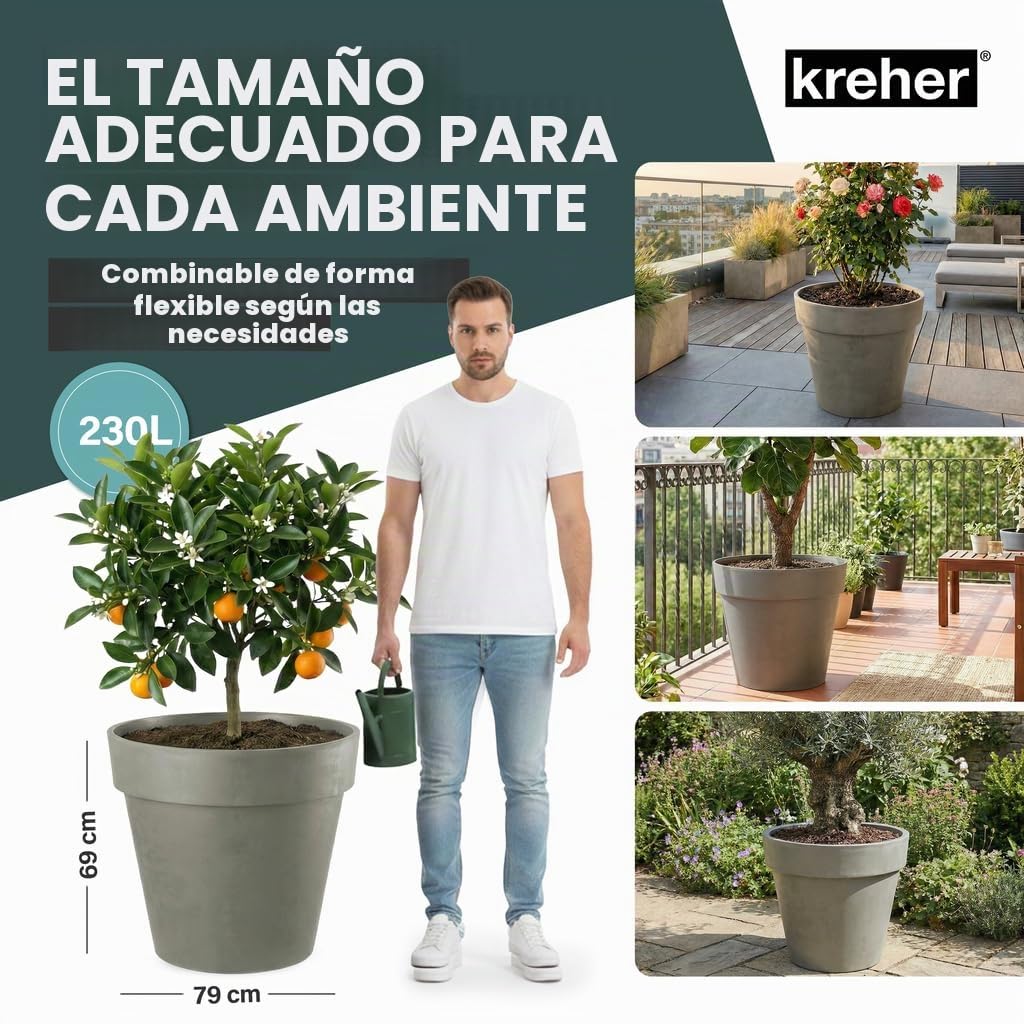 Kreher Macetero XXL con ruedas de 79 y 58 cm de diámetro, antracita y blanco. Macetero robusto, grande para flores, árboles, exterior e interior. (marrón, XXL de 79 cm de diámetro)