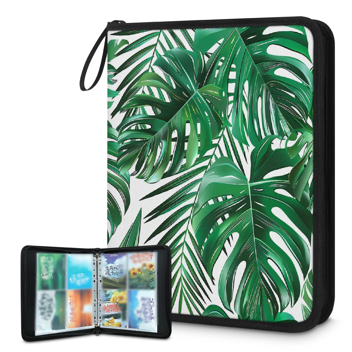 Carpeta para tarjetas de intercambio, 4 bolsillos, hojas de palmera tropical, carpeta para tarjetas, álbum de tarjetas de hojas de selva con fundas extraíbles, libro de tarjetas impermeable con