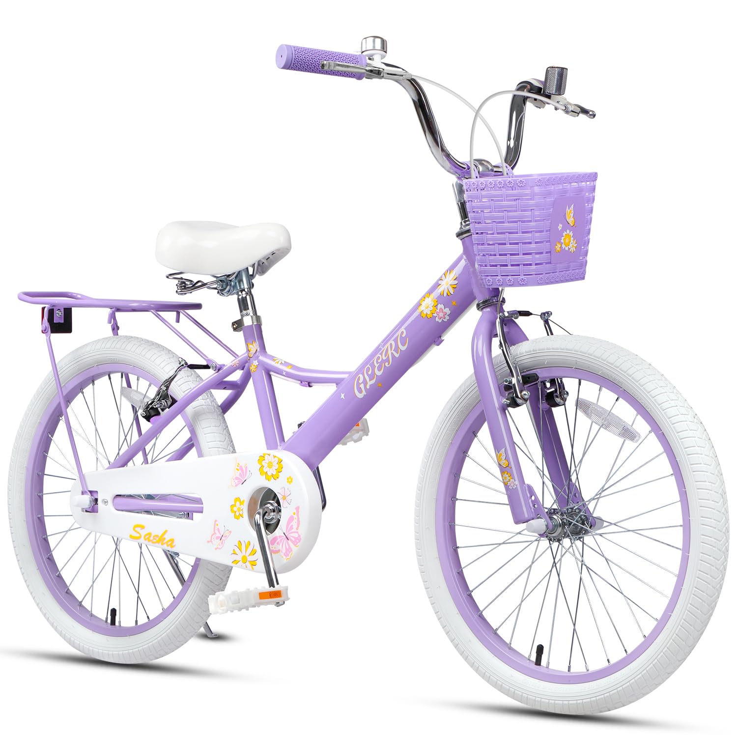 Glerc 20 Inch Girls Kids Bike for Children Ages 7 8 9 10 11 12 13 Years with Kickstand & Rear Carry Rack & Basket, Purple