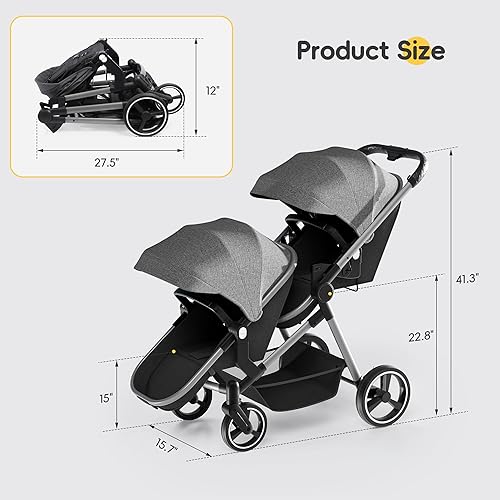 Miniatura 8 de MU Cochecito doble, cochecito plegable en tándem doble con respaldo ajustable, asiento reversible, arnés de 5 puntos, canasta de almacenamiento,