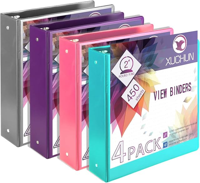 4Pack 2 Inch Round 3 Ring Binder View Binders with 2 Pockets,Holds 450 Sheets Assorted Colors for Office,Home,School