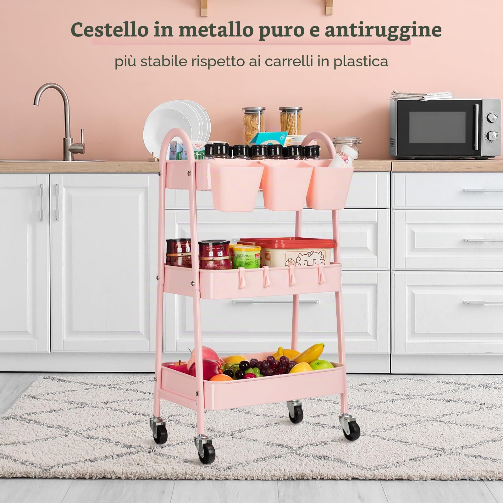 danpinera Carrello portaoggetti a 3 livelli, carrello portaoggetti in metallo con ruote bloccabili, tazze e ganci appesi, carrello portaoggetti su ruote per bagno, cucina, artigianato, bellezza, rosa
