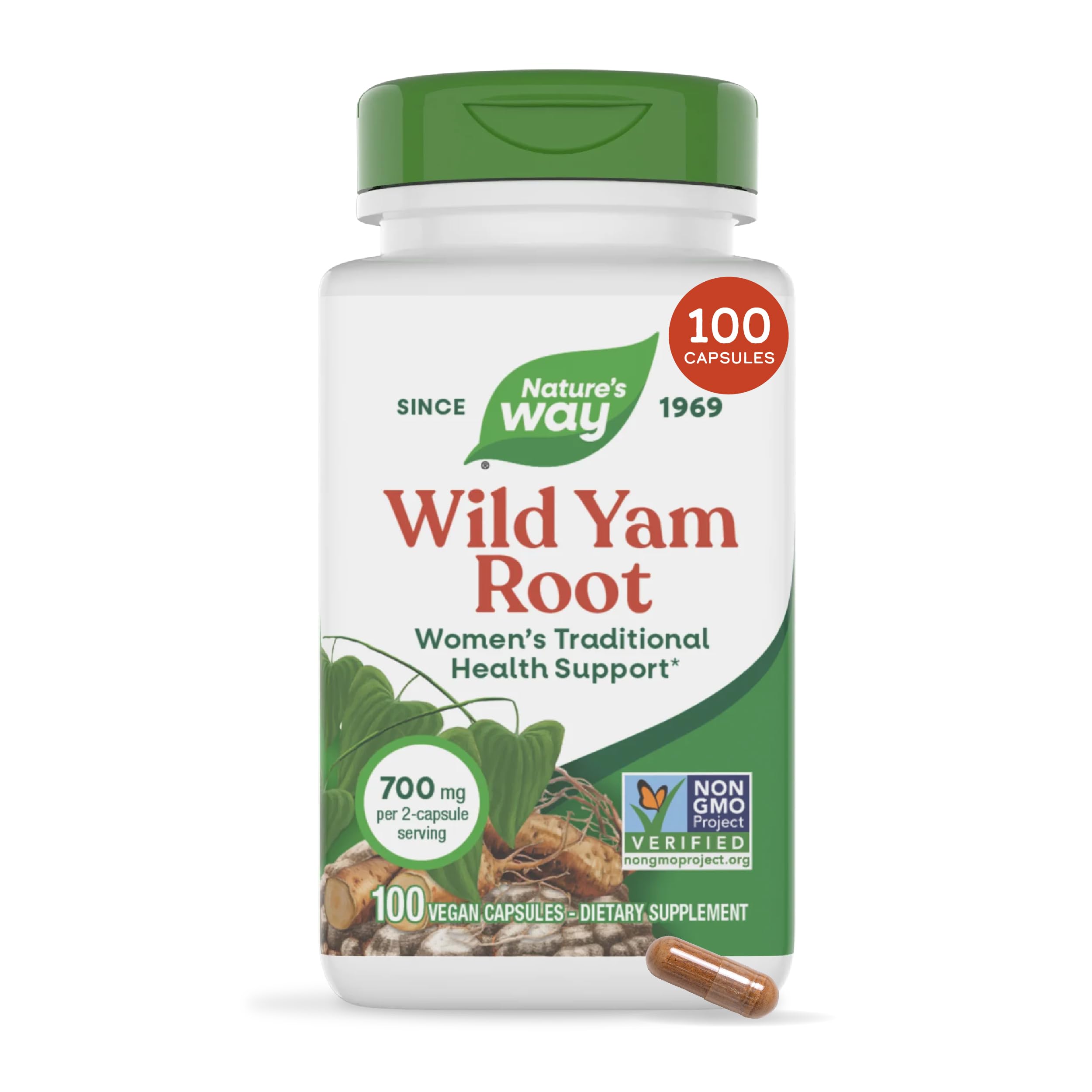 Nature's Way Wild Yam Root Capsules, Women's Traditional Health Support*, 700 mg per 2-Capsule Serving, Non-GMO Project Verified, 100 Vegan Capsules (Verpakking mei Vary)