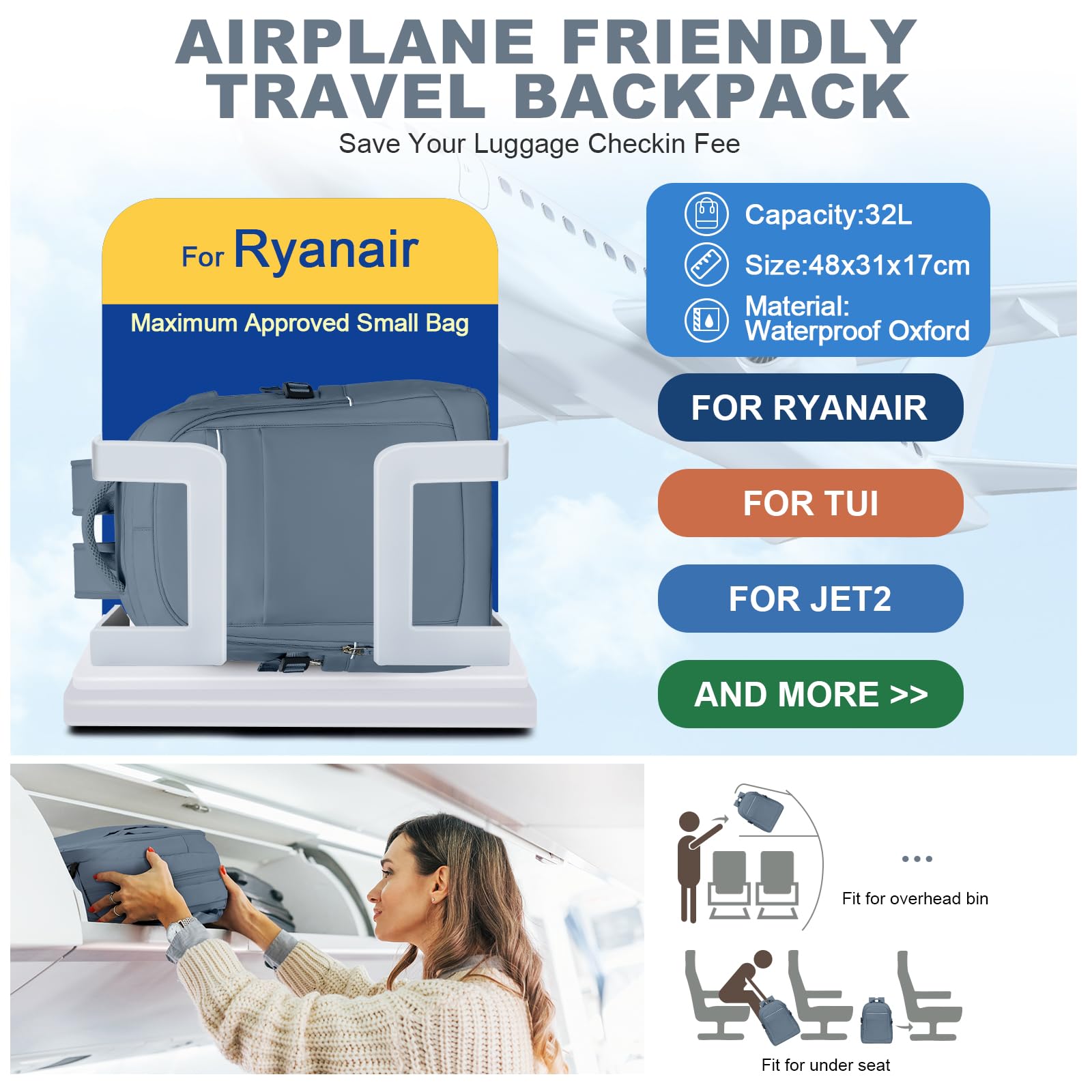 SZLX Borse da Viaggio 45x36x20 Zaino Easyjet Donna Zaino Ryanair 40x20x25 Bagaglio a Mano Zaino impermeabile uomo trekking, Borsa da Viaggio Cabina aereo Zaino per Laptop con Porta di ricarica USB