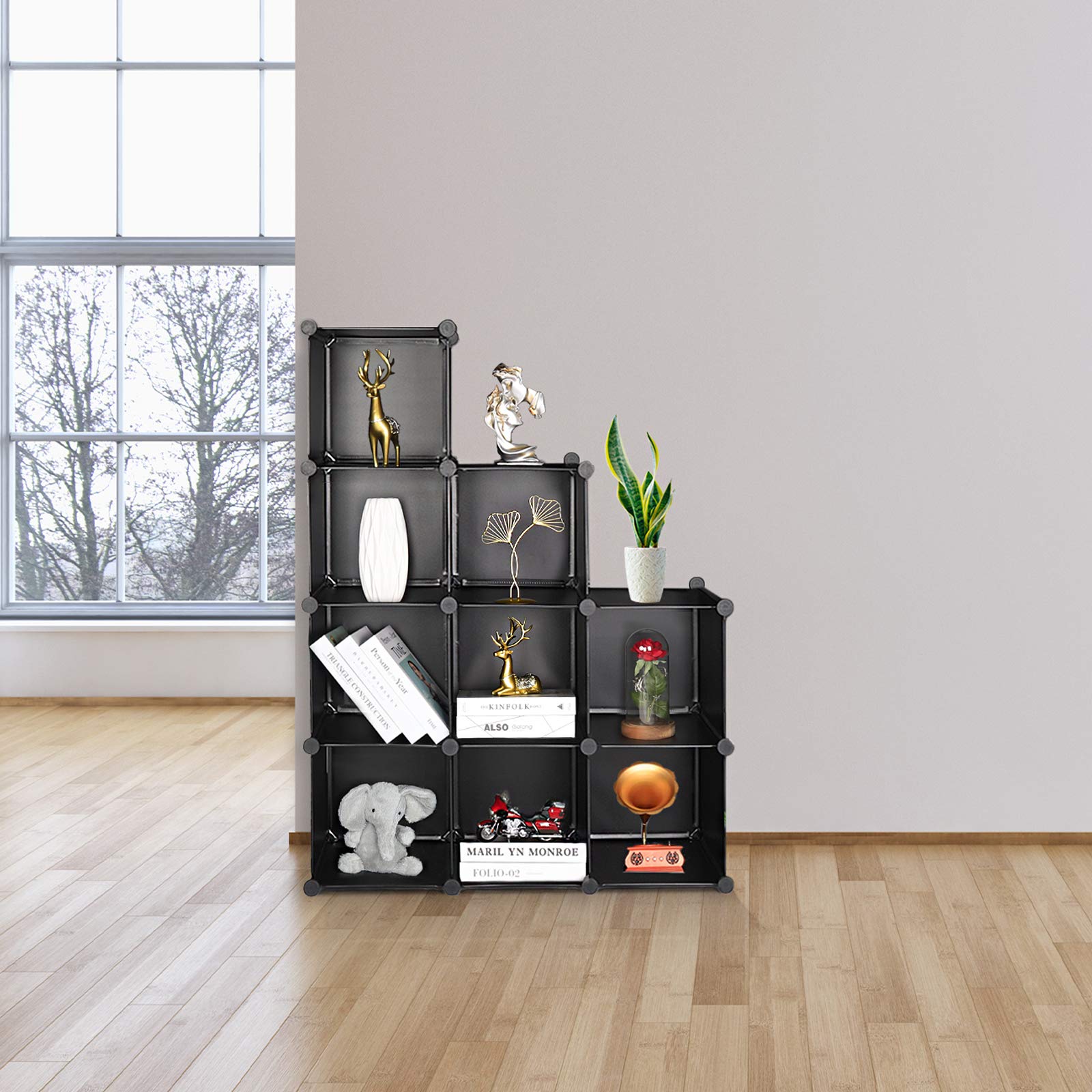 Aufbewahrungsregal mit 9 Würfeln, Kunststoff, Schrank, modular, Bücherregal, Aufbewahrungsregale für Schlafzimmer, Wohnzimmer, Büro, schwarz