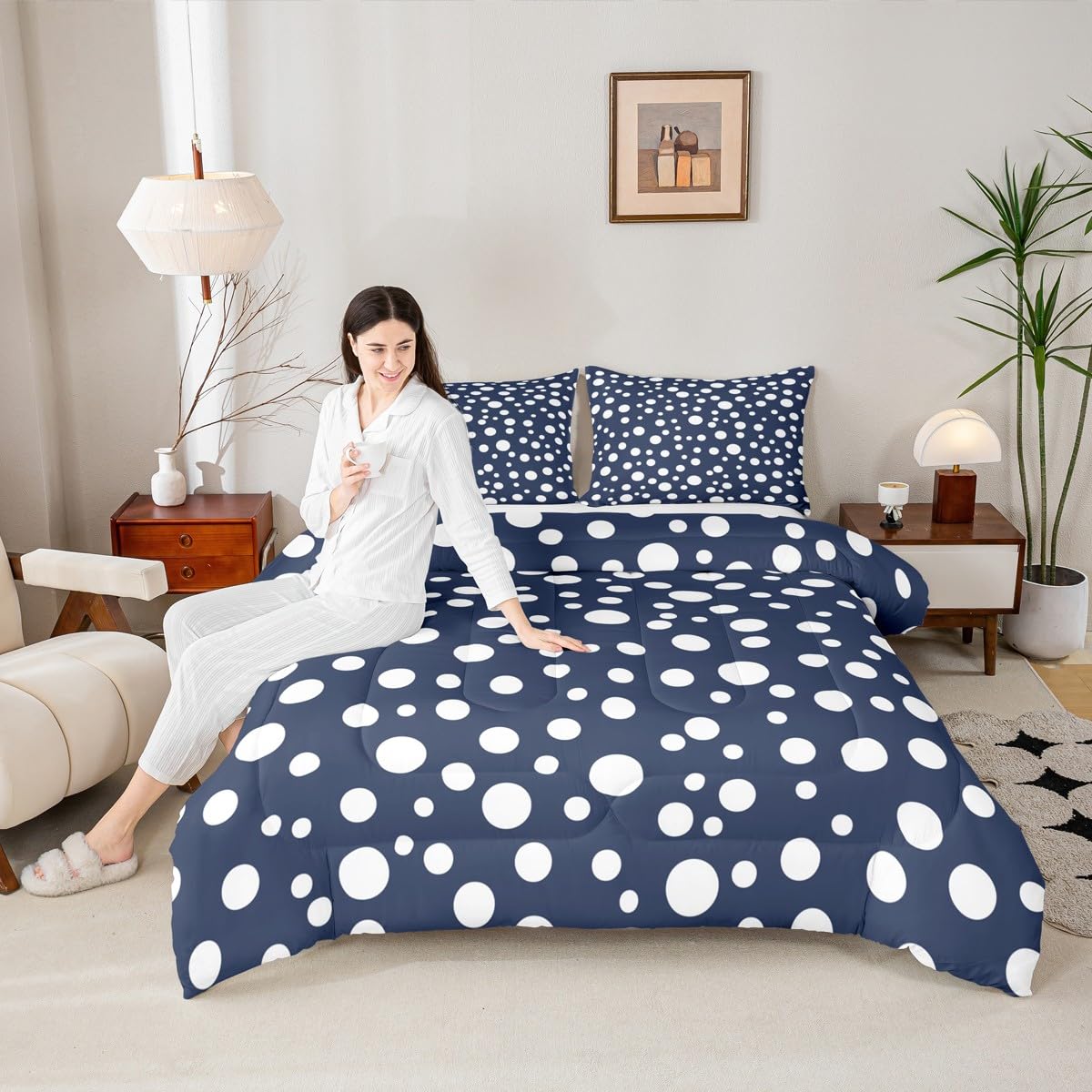 Manfei White Polka Dots Comforter Set Toddler Size 2 Pcs,French Style Cute Dots Print Bedding Set,Geometric Circles Navy White Simple Quilt Set for Child Bedroom,1 Pillowcase