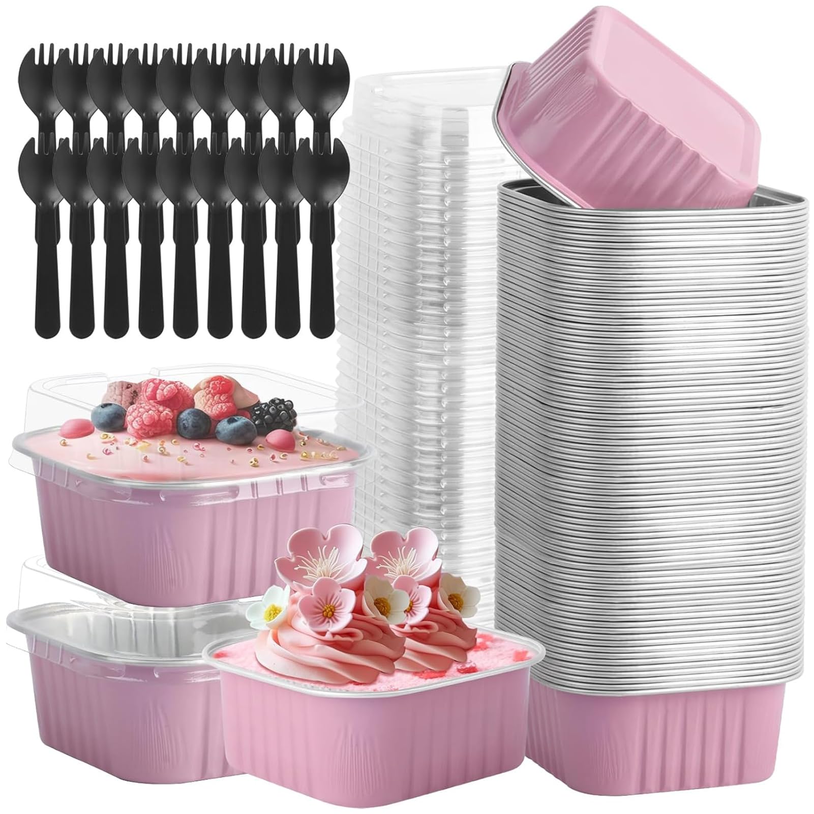 Mini moldes de aluminio para postres con tapas y cucharas, kit de 60 unidades, 150 ml, rosa