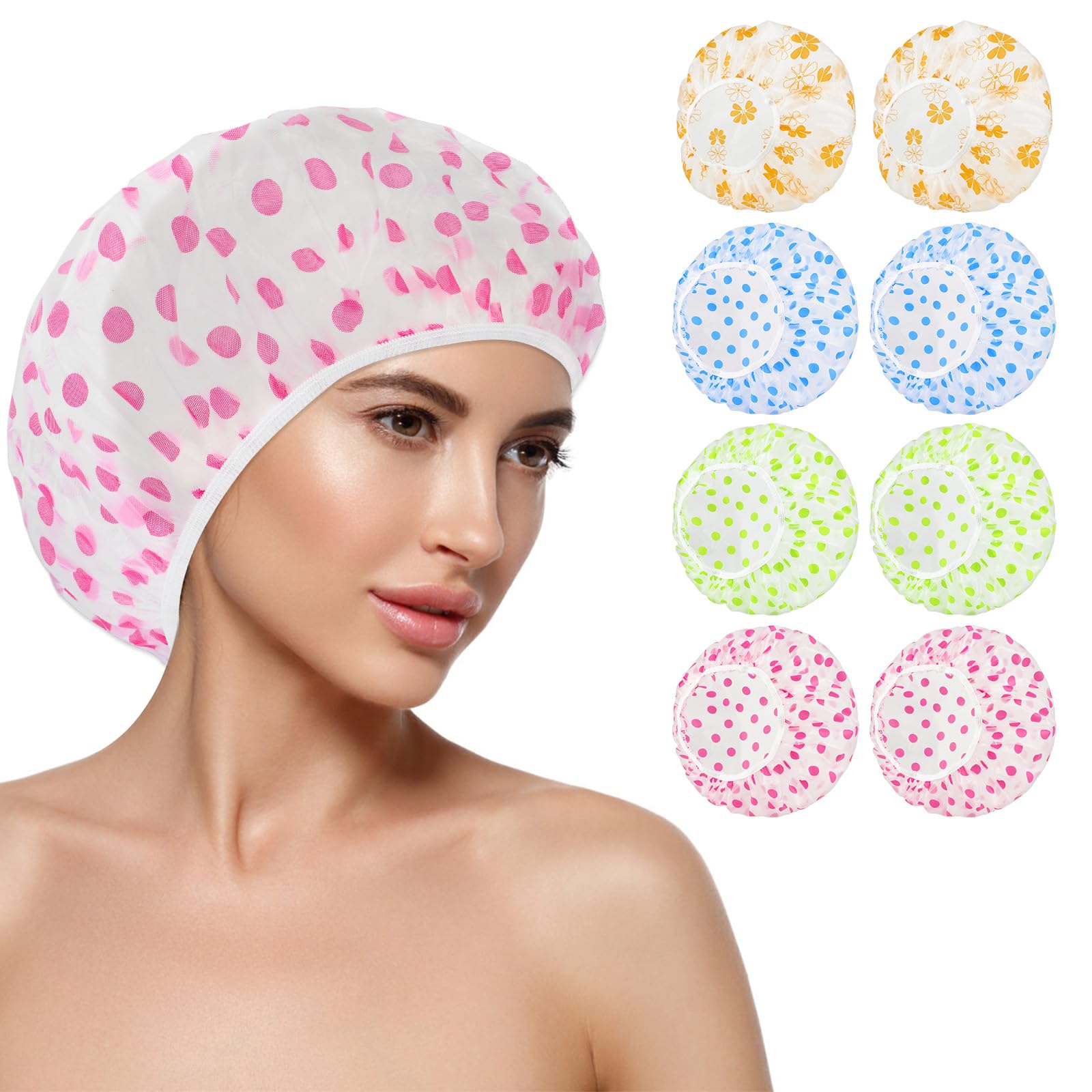 Prasacco Paquete de 8 Gorros de Ducha Gorros de Ducha Impermeables Gorro de Ducha de Plástico Reutilizable Elástico Gorros de Pelo Grandes Gorros de Baño para Mujer Lady Spa Salon