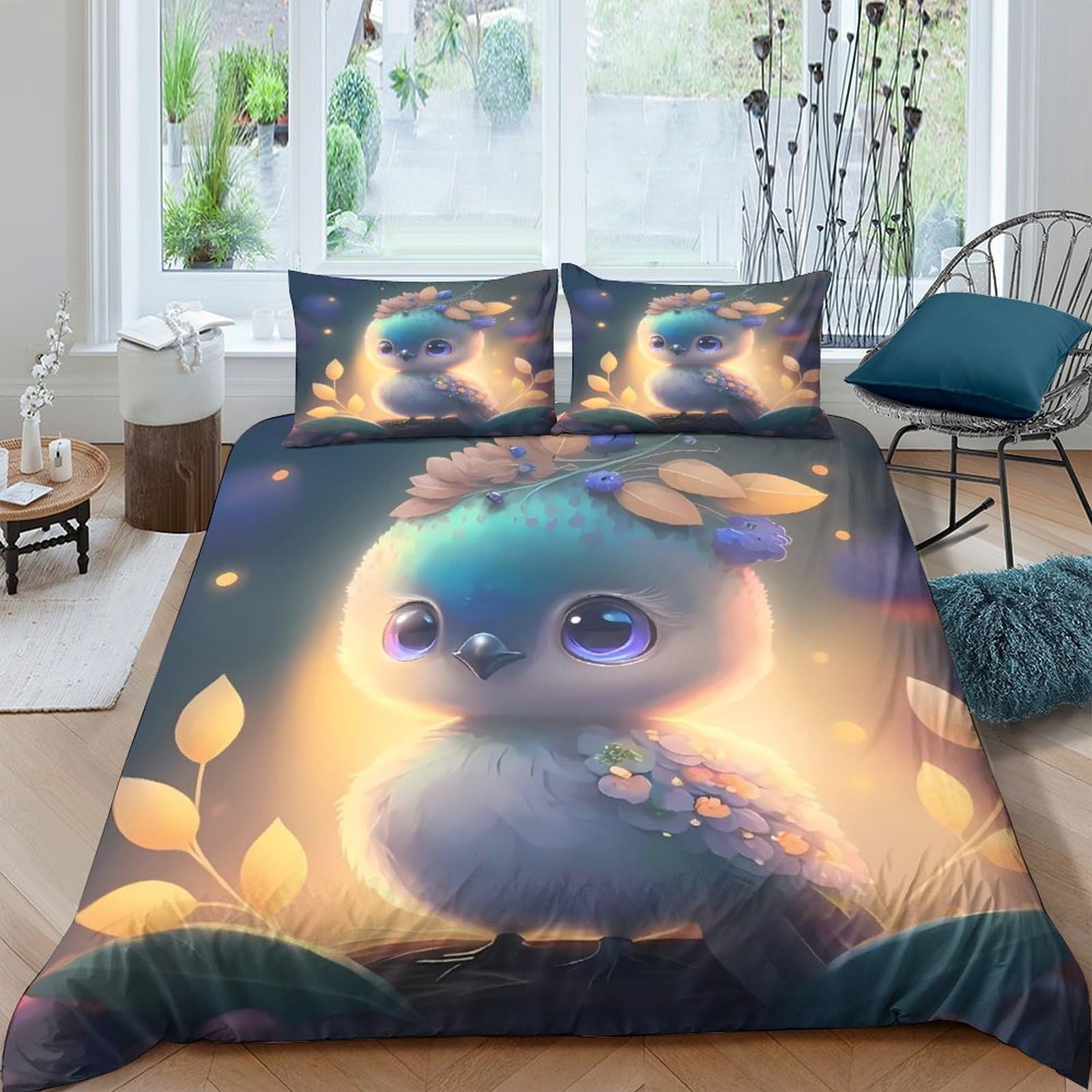 TUFRTGYHN 3D Printed Cute Owl Duvet Cover Set Microfiber Soft Breathable Forest Night Bedding with 2 Pillowcases for Bedroom Single（135x200cm）