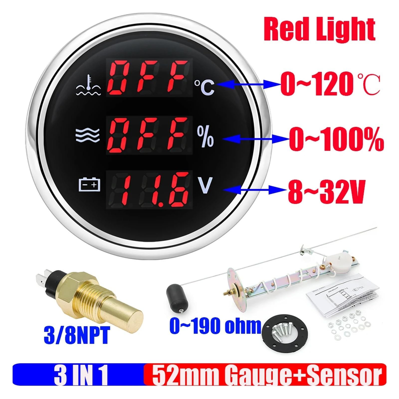 0-190ohm Temperatura del agua+Nivel de agua+Voltaje con alarma LED rojo Medidor digital de 52 mm+Sensor Coche Barco Salida estable(A M16X1.5)