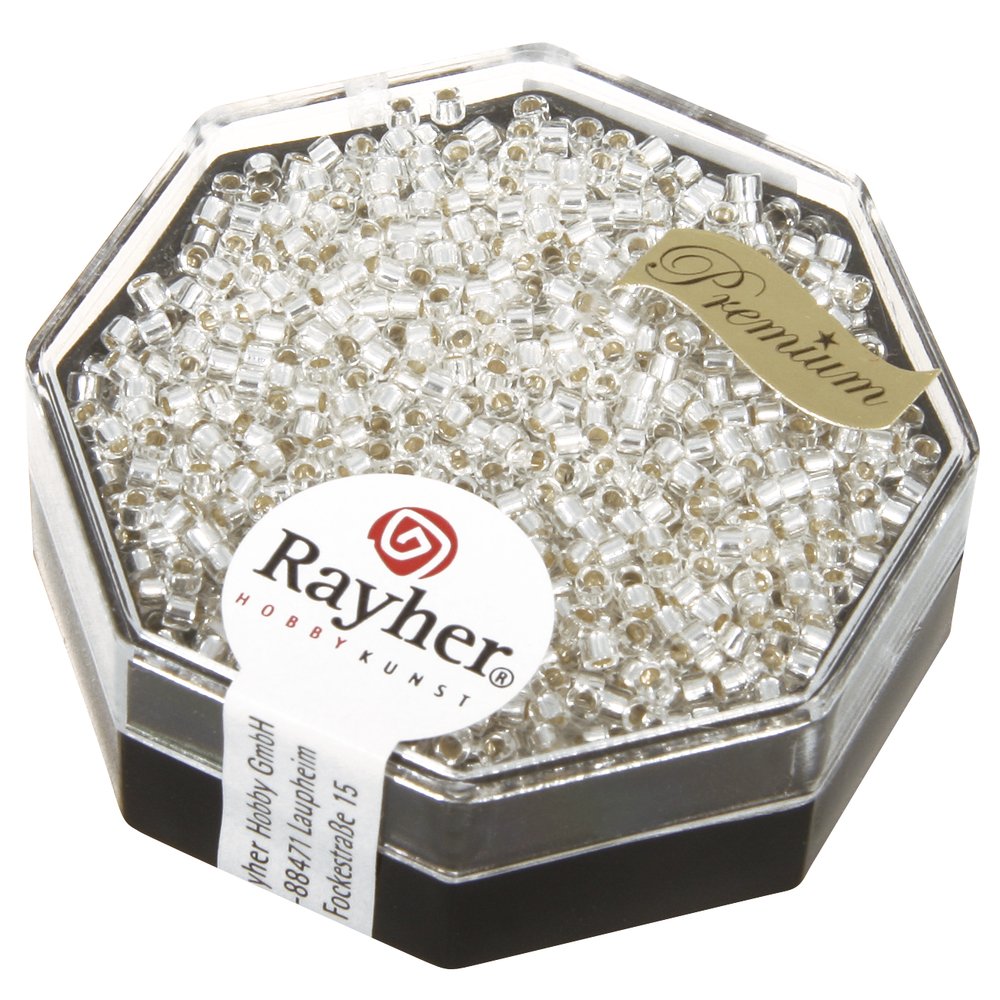 Rayher 14762801 Delica seed beads, 1.6 mm diameter with silver insert, 6 g, rock crystal