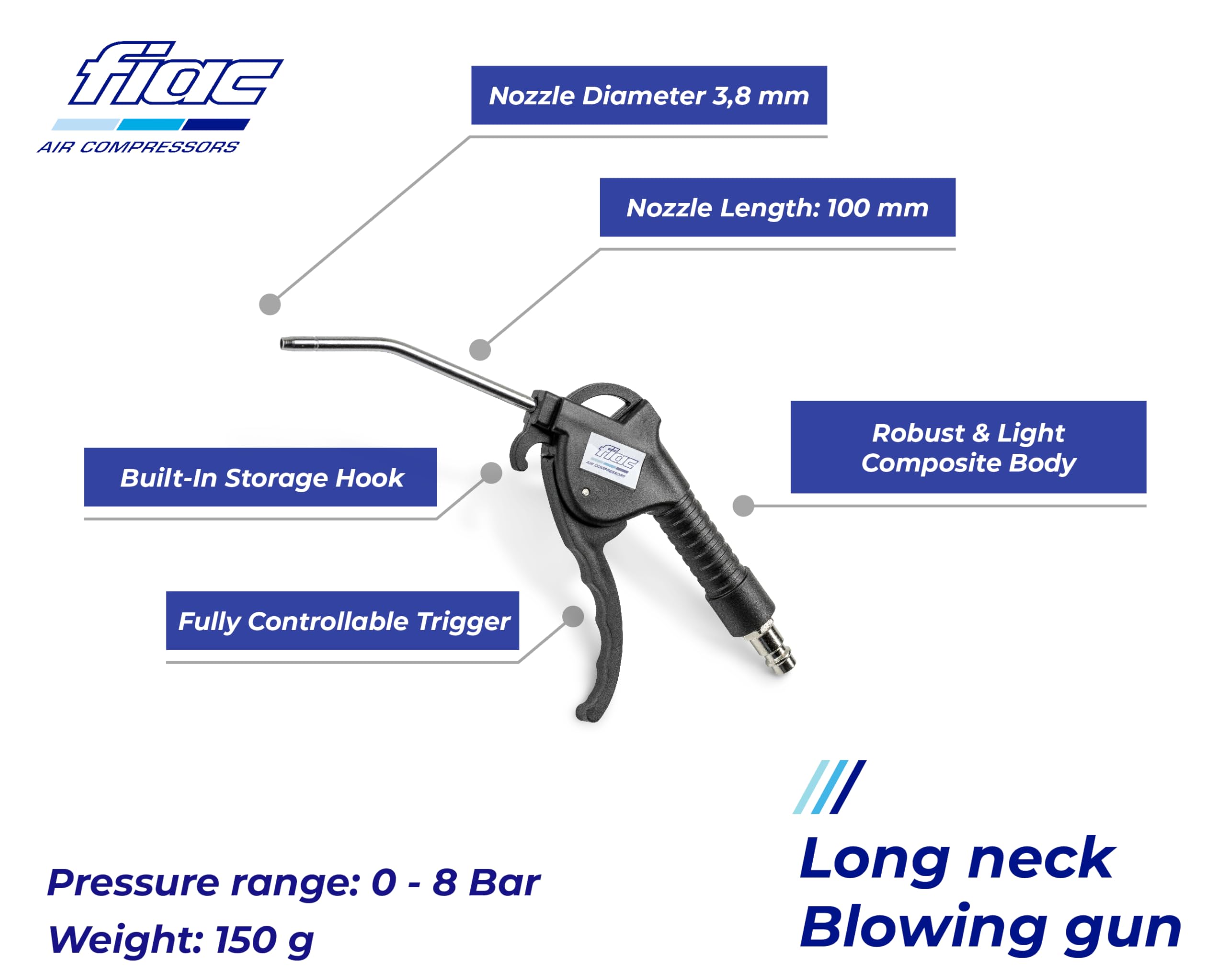 FIAC Pistola Aria Compressa con Ugello da 3,8mm, Pistola di Soffiaggio a Canna Curva da 10cm, Accessorio Compressori, Corpo in Plastica Isolante, Pressione Max. 8 Bar, Nero