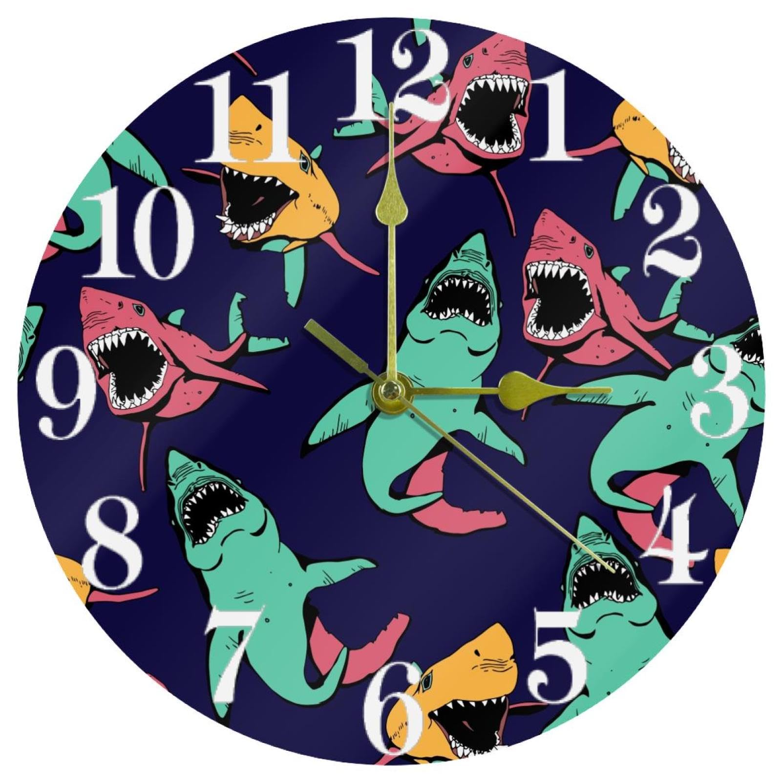 Horloge murale requin en colère ronde quartz silencieuse sans tic-tac pour école