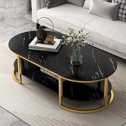 Crown Art Shoppee Table, Midcentury Modern Coffee Table for Living Room, Centre Cocktail Table with Metal Frame and Faux Marble Look Tabletop, Already Assembled (Black Gold 2t)