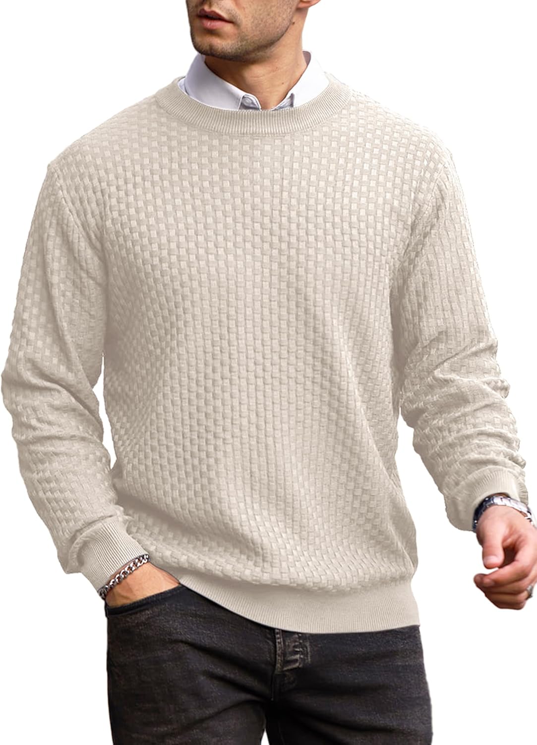 Zaitun Mens Crewneck Sweater Pullover Waffle Knit Casual Patterned Long Sleeve Sweaters