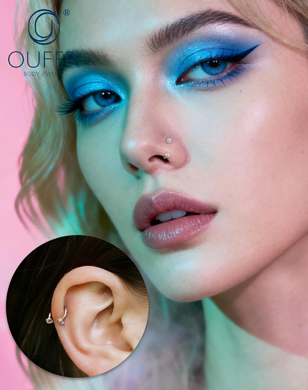 OUFER Horseshoe Nose Rings Studs, 316L Surgical Steel Double Shiny Clear CZ Nose Rings For Women, 18G 7MM Internally Threaded Cartilage Earrings, Lip Eyebrow Helix Ear Piercing Jewelry - Image 2