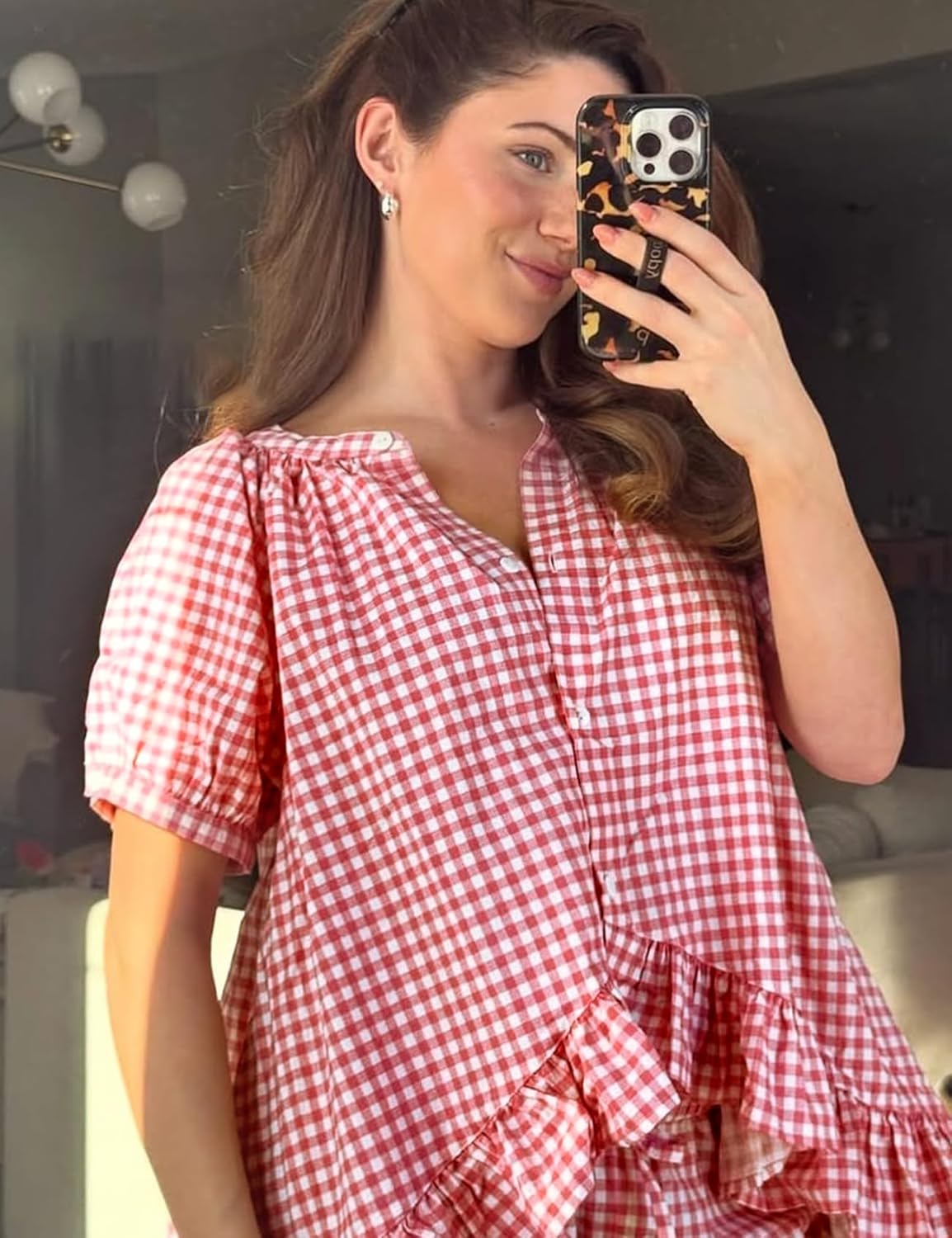 Yimoon Womens Gingham Pajamas Set Plaid Cotton Pj Set Puff Sleeve Ruffle Babydoll Shirt Shorts Summer 2 Piece Outfits - Image 4