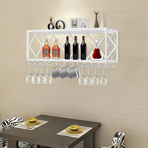 Miniatura 7 de MARTEXBUY Estante de vino, Estante de copa de vino invertido montado en la pared, Estantes flotantes de la unidad de barra, Soporte multifuncional