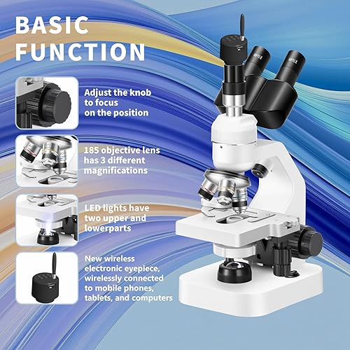 Miniatura 3 de Microscopio de tres ojos 40x-2000x Ampliación de doble capa con luces LED en la parte superior e inferior, perillas de enfoque dual gruesas y