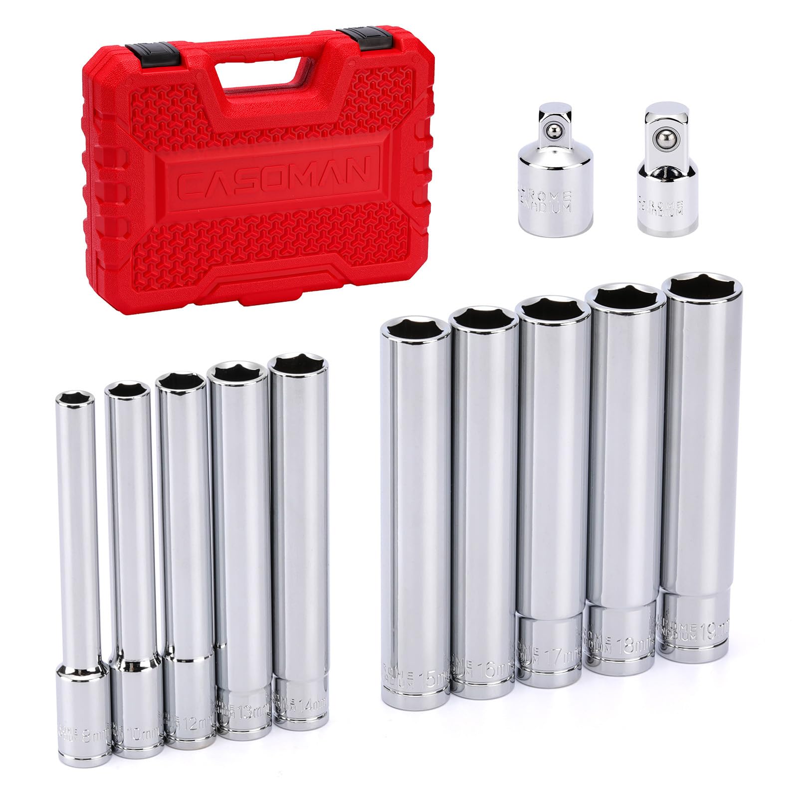 CASOMAN 12 unidades de 3/8 pulgadas y 1/2 pulgadas con estuche de almacenamiento, 6 puntos, 8 mm a 19 mm, métrico, CR-V, incluye adaptadores