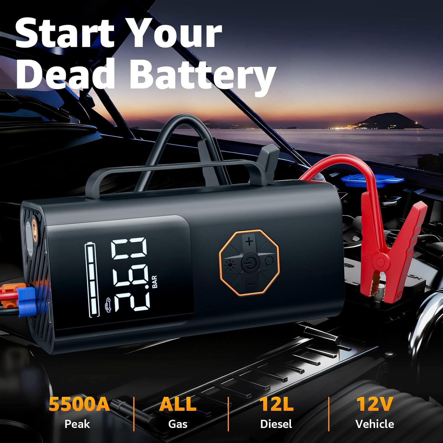 Portable Jump Starter with Air Compressor - 12V Car Battery Jumper Starter Box 5500A (All Gas/12L Diesel) 9-in-1 with Air Blower, 150PSI Tire Inflator, 3-Mode Emergency Flashlight, LCD Display - Image 4