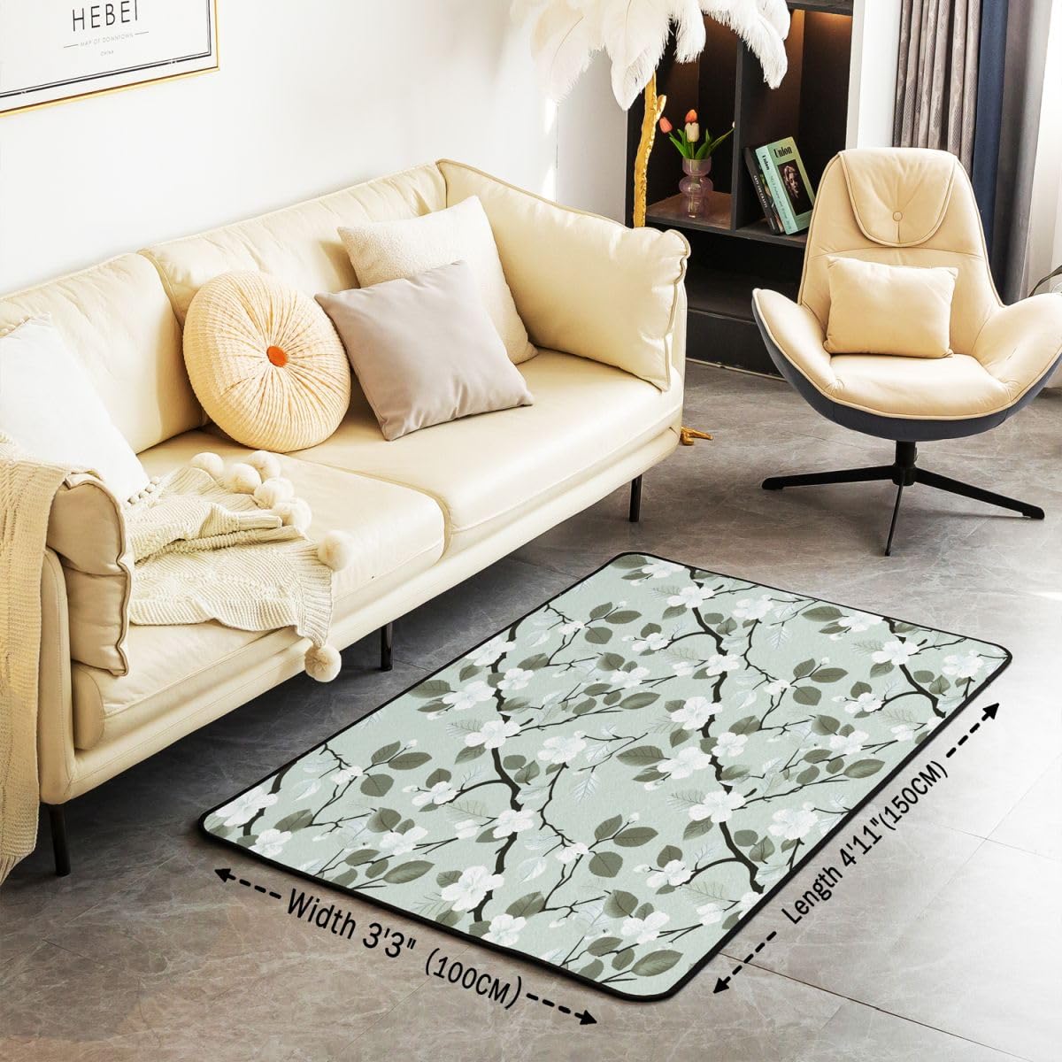 Homewish Tapis Salon 100x150cm Fleurs Boho Tapis Chambre Feuilles Floral Printemps Tapis Sol Botanique Vert Sauge Décoration D'Intérieur Branche d'arbre