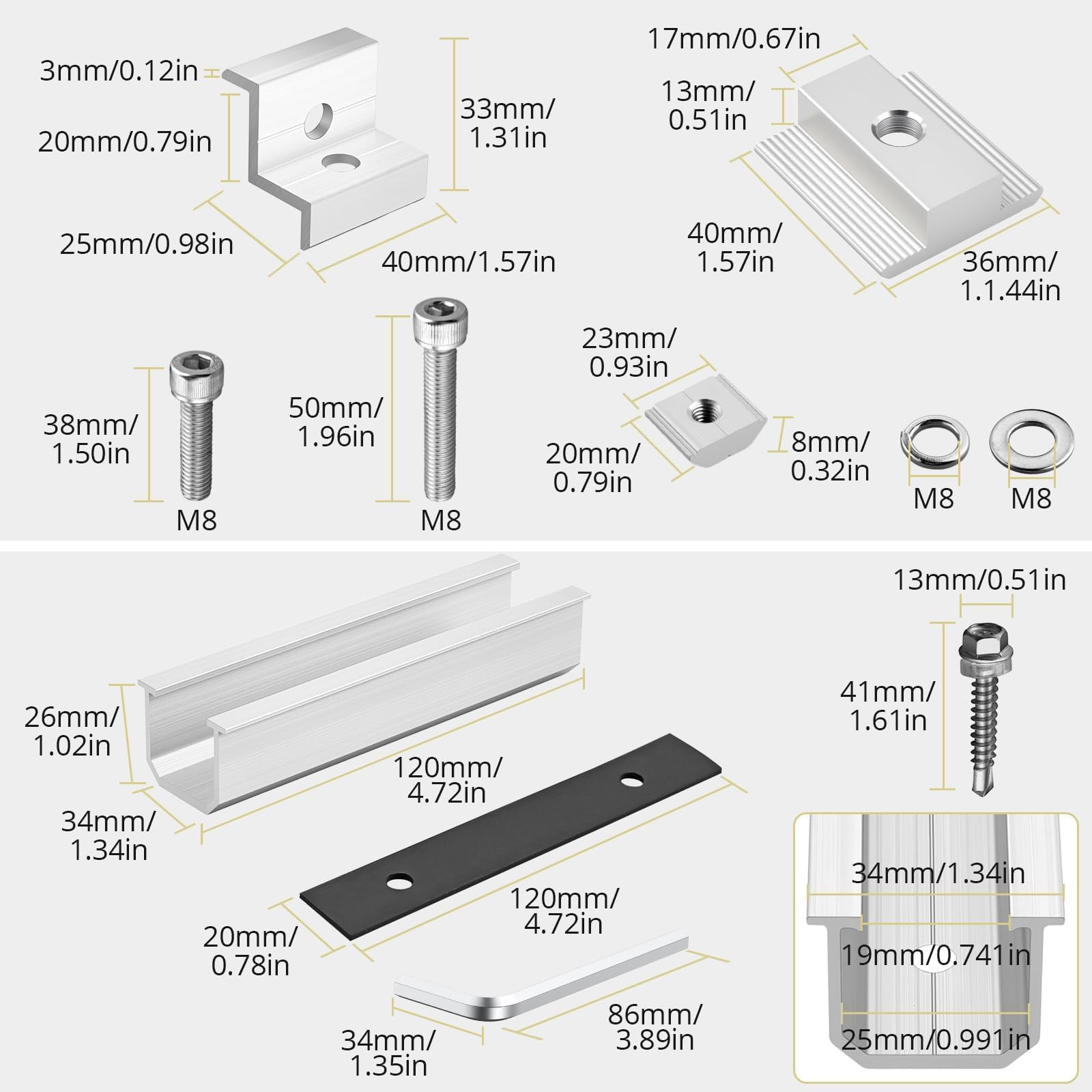 Anbte Kit di supporto per pannello solare, adatto per 4 pannelli solari da 30/35 mm, argento | 10 binari corti da 120 mm in alluminio con 6 morsetti centrali da 40 mm + 4 morsetti terminali da 40 mm + 1 chiave inglese
