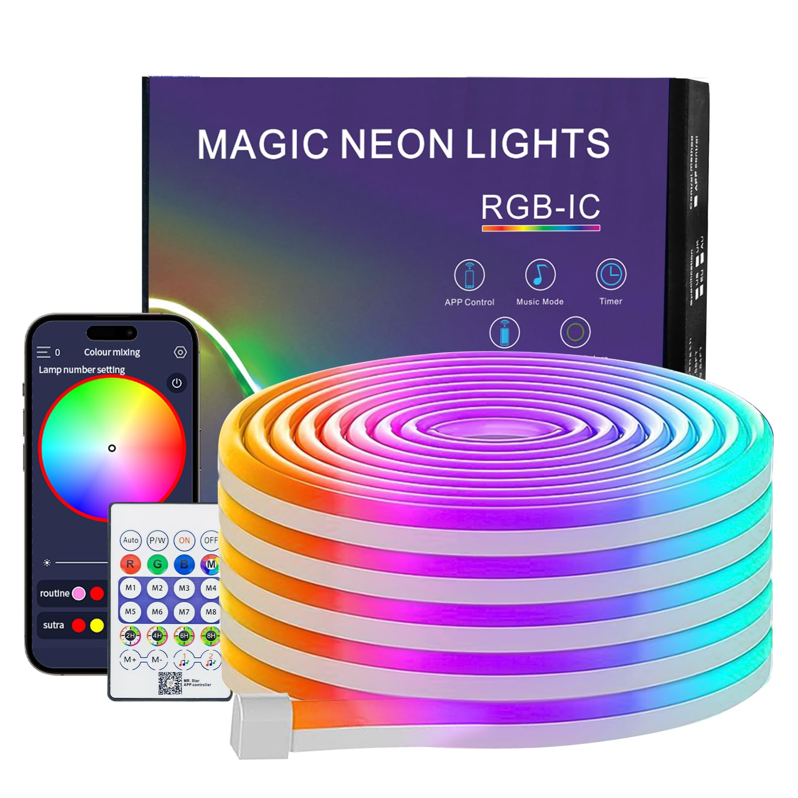 5m Neon Led Strip, IP67 Waterproof, App/Remote Control, Silicone DIY Flexible Light Strip, 5V Music Synchronous, For Indoor and Outdoor Decoration