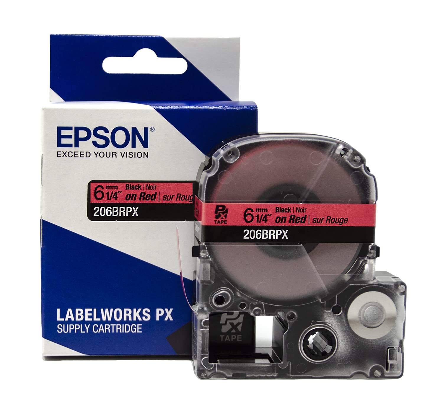 Epson LABELWORKS 206BRPX Genuine PET (Polyester) Tape Cartridge - Black on Red Label Maker Tape - 1/4" (6MM) Wide, 30'