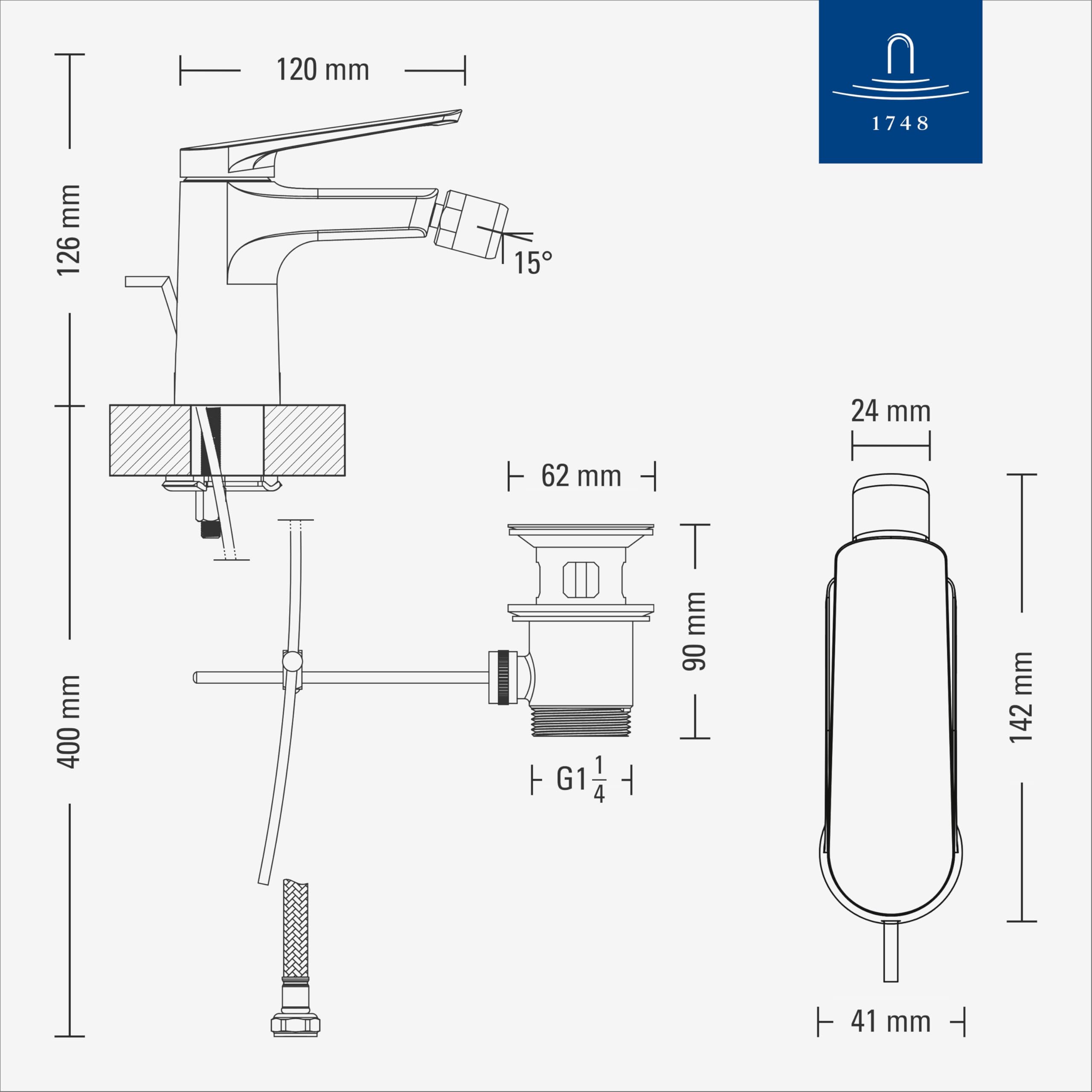 Villeroy & Boch Oasis rubinetto monocomando - miscelatore bidet con asta e cartuccia in ceramica - miscelatore bidet a risparmio - rompigetto mobile - altezza bocca 73mm - cromato