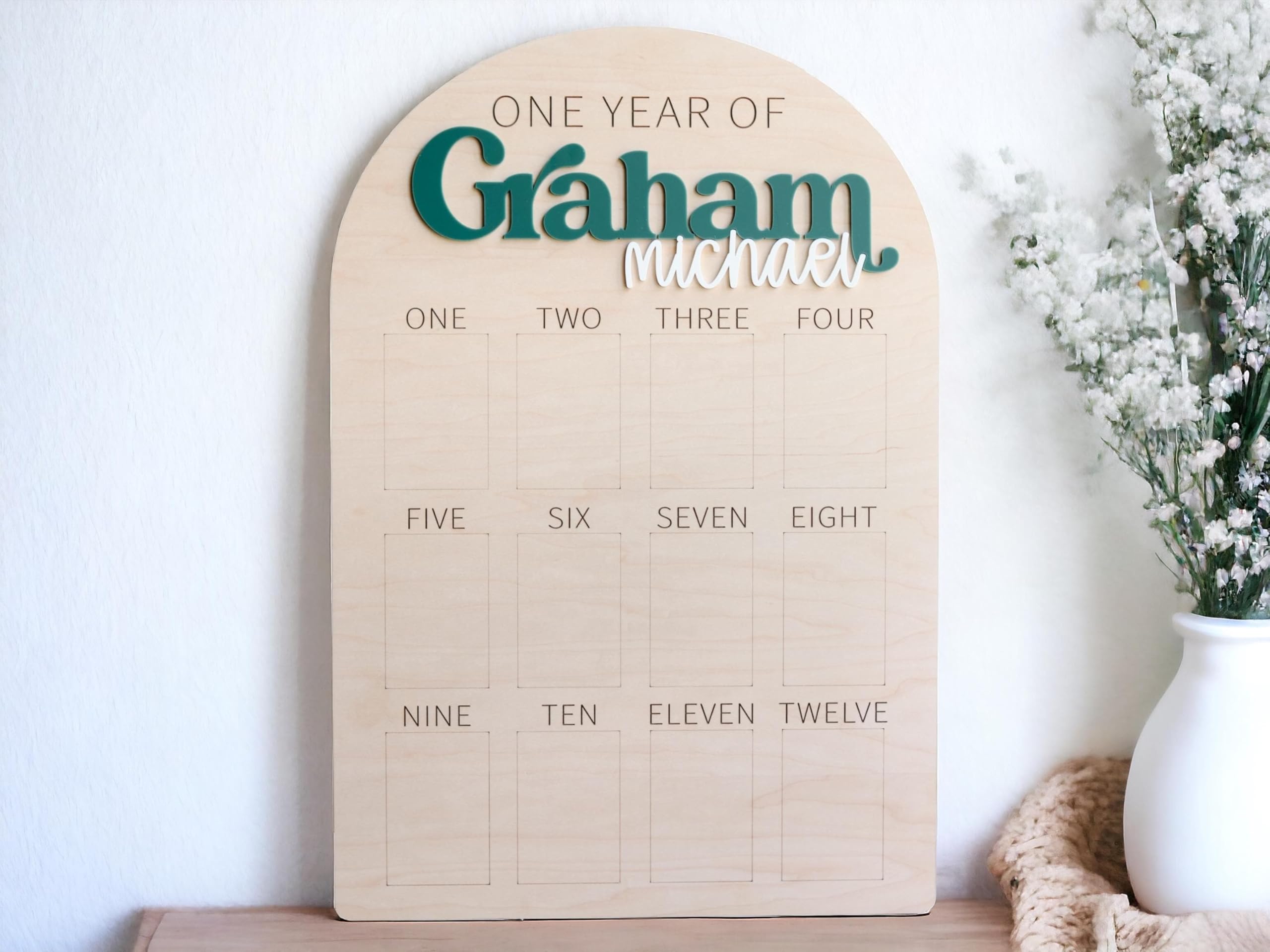My First Year Photo Board, 12 Month Picture Frame for Baby First Year, 1st Birthday Party, 1st Birthday Baby Picture Frames Personalized, One Year Monthly Milestone Sign Banner (Wooden Board 03)