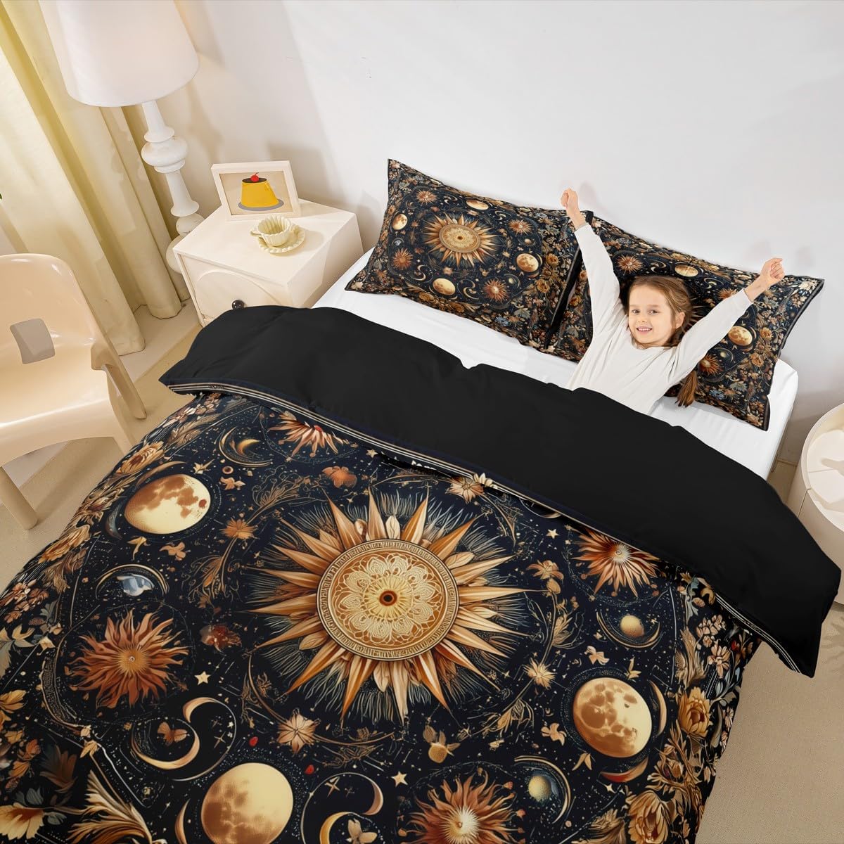 Sun and Moon Comforter Cover for Kids Boys Girls Mysterious Starry Galaxy Duvet Cover Set Retro Flowers Plant Bedding Set Black Gold Orange Quilt Covers Queen Size with 2 Pillowcases(No Comforter)
