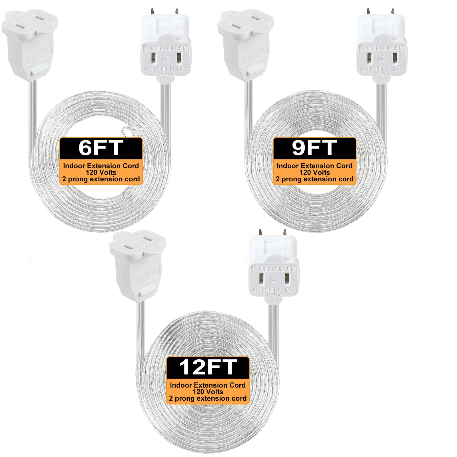 Kanayu 3 Pack Clear Extension Cord 6/9/12 ft 120v Electric Wire