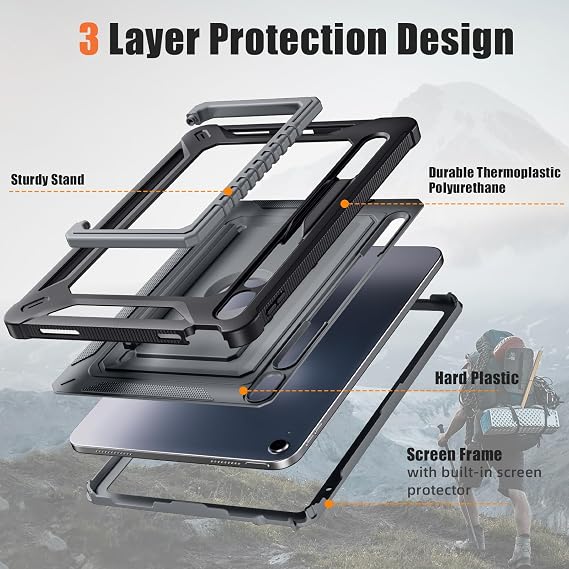 Vobafe Case for iPad (A16) 11th/10th Generation 2025/2022 11 Inch/10.9, Full-Body Shockproof Outdoor Cover with Screen Protector, Rotating Stand, with Pencil Holder, Spacce Gray