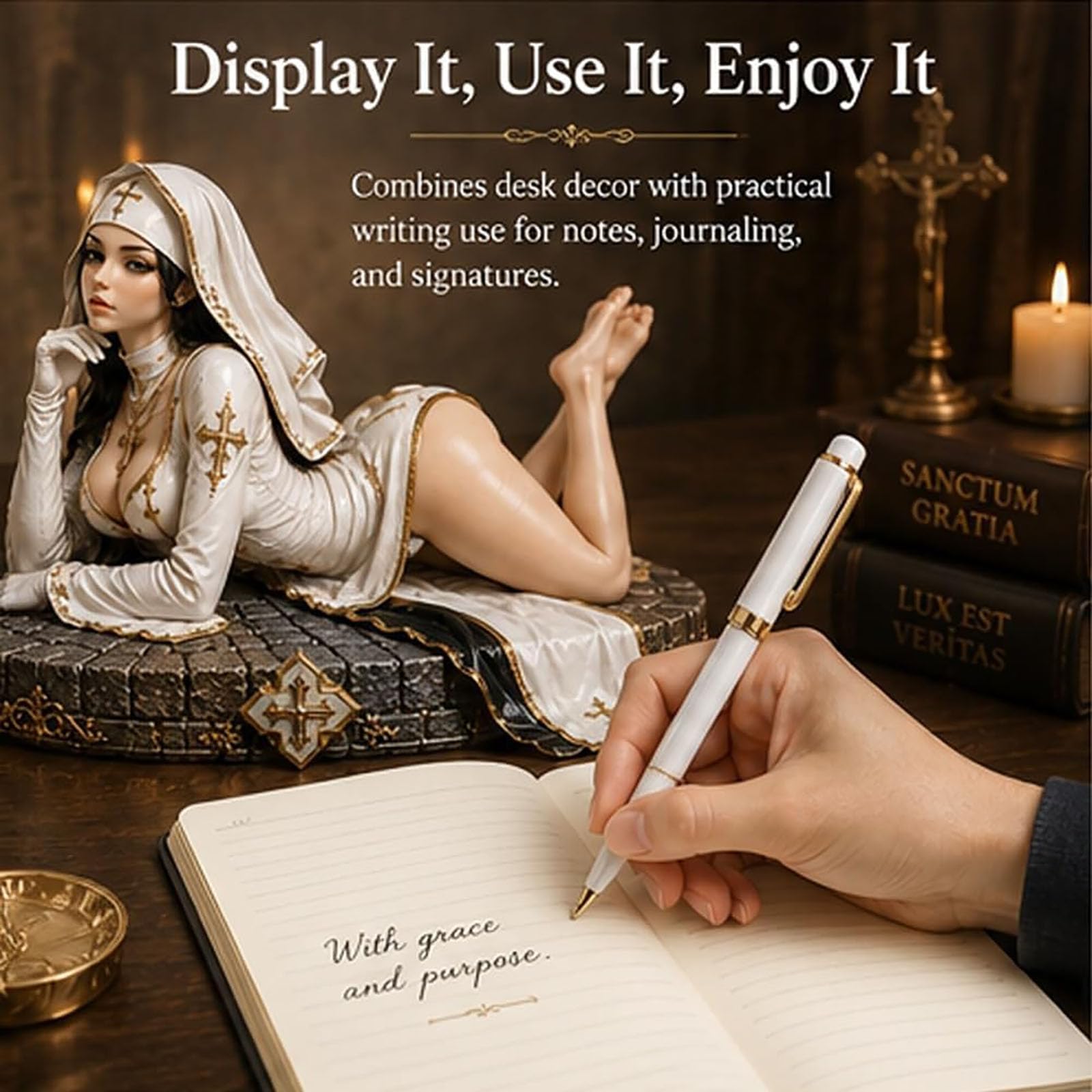 Holy Temptation Gothic-Nonnen-Stifthalter, Dark Academia Schreibtisch-Organizer mit Kreuzdetail, Gothic-Bleistiftbecherhalter, Halloween-Raumdekoration, schwarz-weiße Schreibtischfigur (#A+#B)
