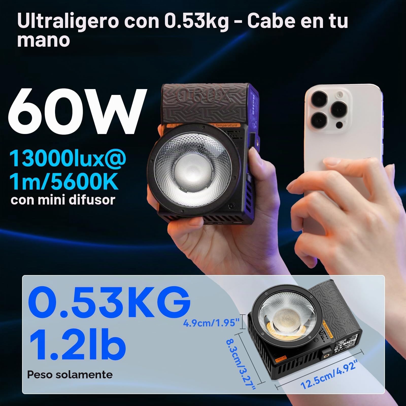 SIRUI C60X Luz Portátil para Fotografía 60W, Diseño Compacto de 0.53KG y Ultra-Silencioso 24.9dB, Carga Rápida 2H, Salida de 13,000 Lux, Control Bluetooth para Iluminación de Video en Estudio