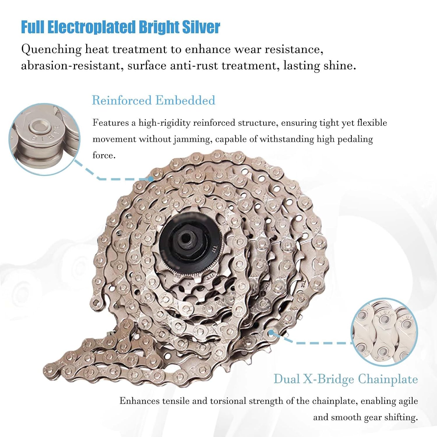 Universal 6 7 8 Speed Bike Chain, Nickel Plated Silver Anti-Rust Chain for Mountain Bike Road Bike, Replacement Bicycle Roller Chain