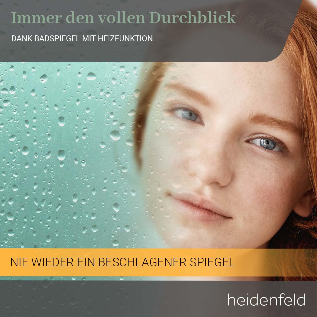 Heidenfeld Spiegel Infrarotheizung | HF-HS200 mit Touchpanel - 𝟭𝟬 𝐉𝐀𝐇𝐑𝐄 𝐆𝐀𝐑𝐀𝐍𝐓𝐈𝐄 - 200 Watt - 60 x 60 cm - WiFi Badspiegel - Badezimmerspiegel - Infrarot Heizung Spiegel - Wandheizung