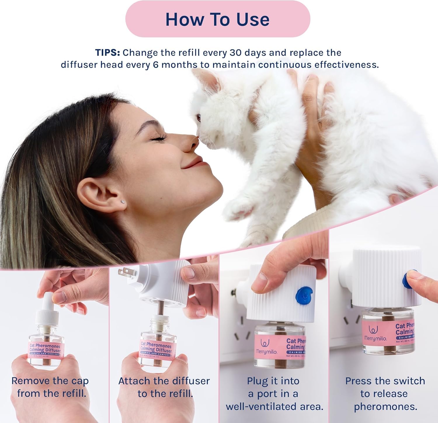 MerryMilo Cat Calming Pheromones Diffuser: 2 Classic Cats Plug in Refill Diffusers for Relaxation & Comfort - Reduce Stress Barking & Scratching - Indoor 60 Days Supply - image 6