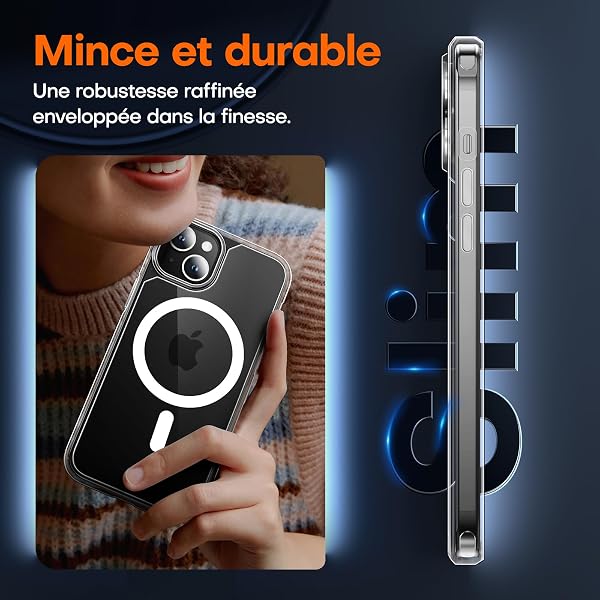 TAURI Coque Magnétique pour iPhone 15 avec Protection écran, [Compatible avec MagSafe] Protection Anti-Choc Mince et Anti-Chute - Transparent - 5