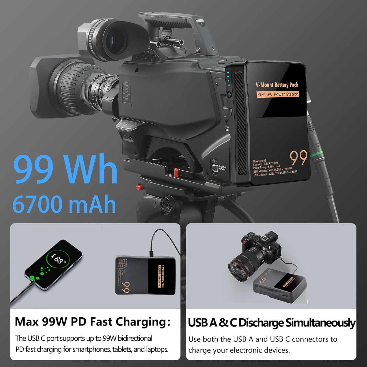 V Mount Battery, Power 99Wh/6700mAh V Lock Battery Support PD100W Fast Charger with D-tap/USB-A/USB-C/BP Output for Sony Video Camera Camcorder BMPCC 4k/6k Monitor LED Light