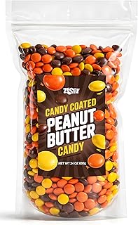Candy Coated Peanut Butter Chocolate Bites 24oz Bulk Bag, Peanut Butter Center with Crisp Shell, Orange Yellow Brown Candy Pieces for Party Favors, Candies Buffets, Dessert Toppings and Holiday Treats