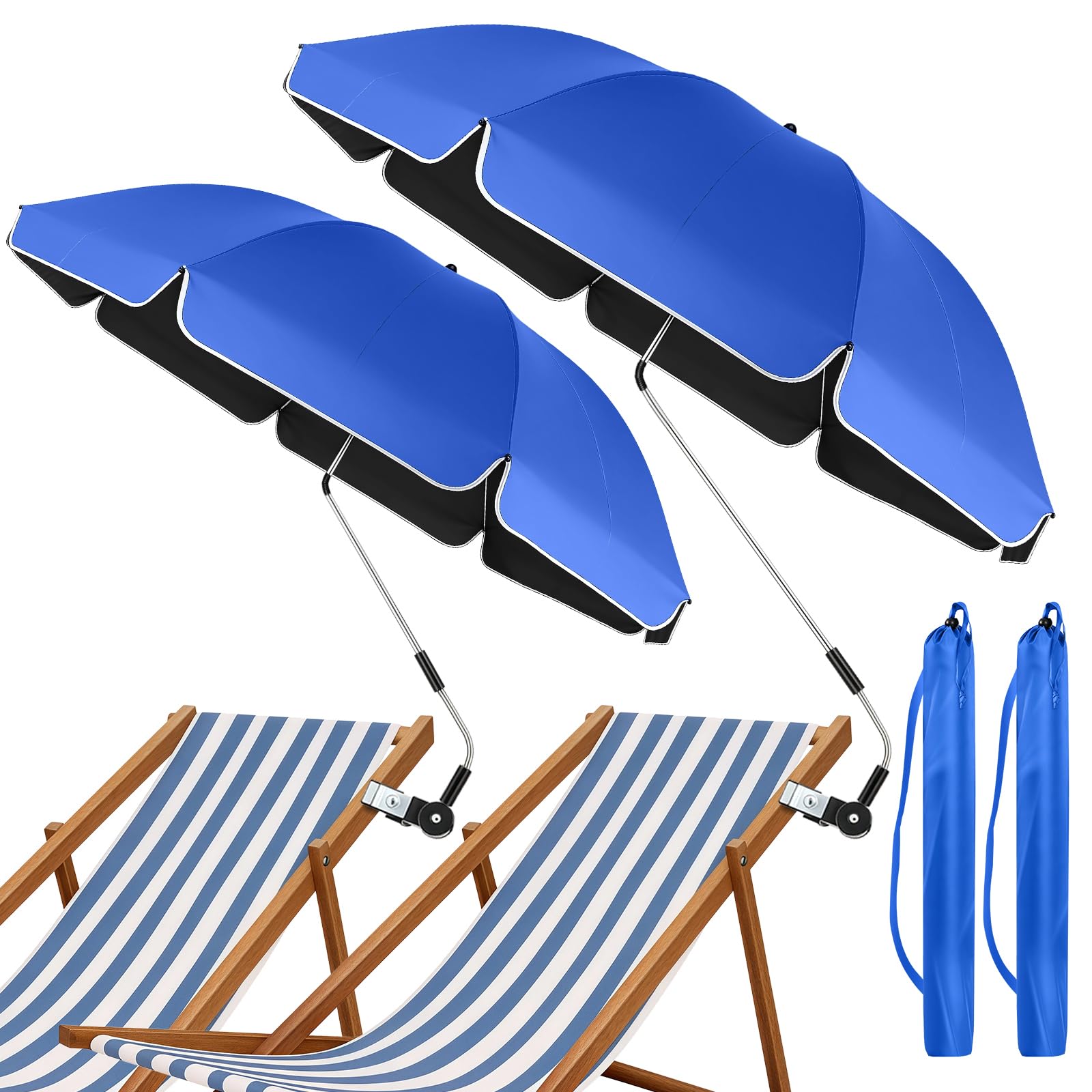 Lot de 2 parasols de plage pour chaise avec pince universelle, réglables à 360°, protection UV SPF 50+, parasol portable avec clip pour chaises de plage, poussette et chariot de golf