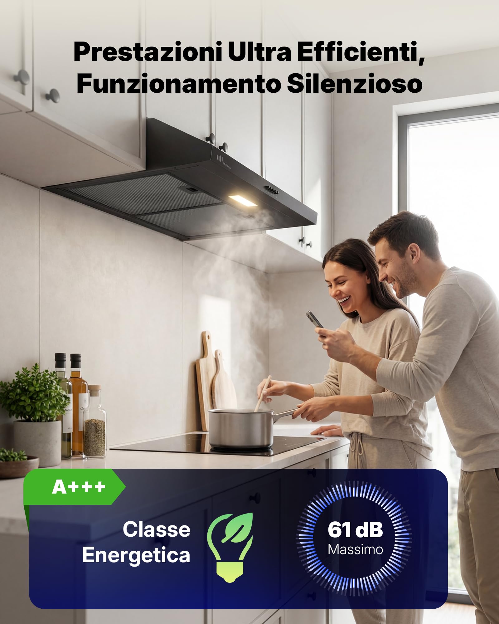 Upstreman Cappa Aspirante 60 cm，Classe A+++, 3 Velocità (220 m³/h), Ricircolo & Aspirazione con Filtro a Carbone, 61 dB, Luce LED 1,5 W, HU60, Nero