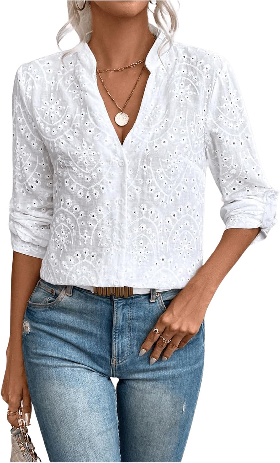 SweatyRocks Women's Notched V Neck Roll Up Sleeve Button Down Eyelet Blouses Tops