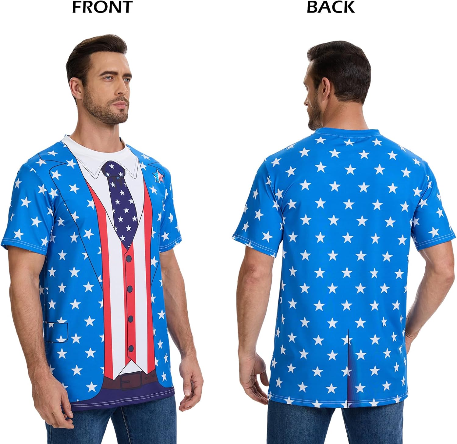Vegove American Flag Costume T-Shirt & Uncle Sam Top Hat, Men's Patriotic 4th of July Memorial Day Outfit Accessories