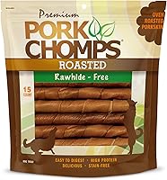 Pork Chomps 6-Inch Roasted Pork Skin Twists Dog Chews - Rawhide-Free, 99.9% Digestible, High Protein, 15 Count