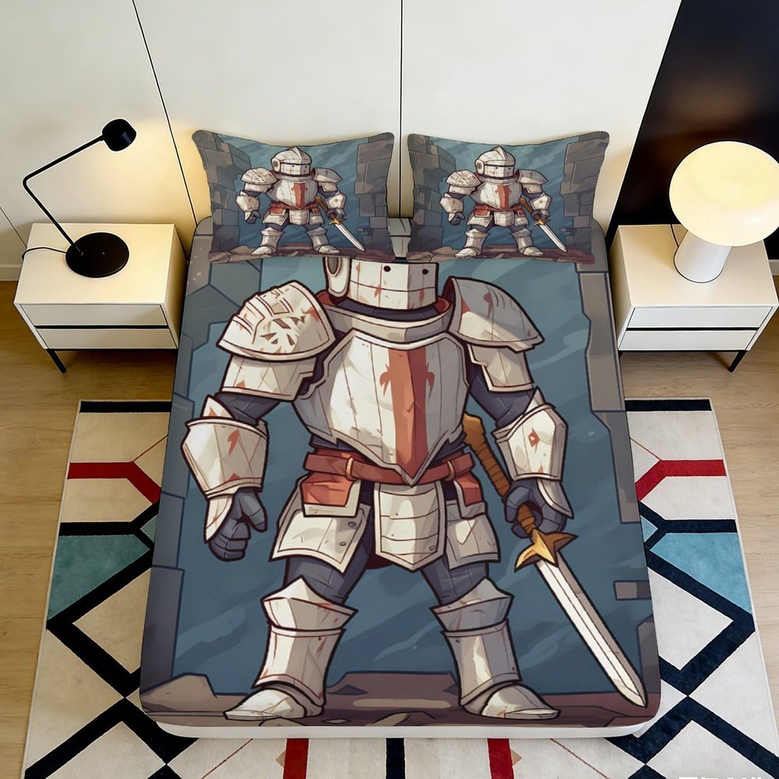 3D Printed Knight Armor Fitted Sheet Microfiber Durable Breathable 3D Printed Medieval Warrior Mattress Cover for Bedroom Dormitory Guest Room 90x200x25cm