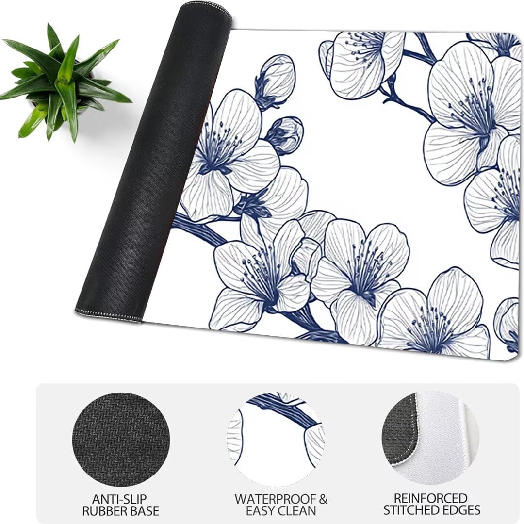 Podkładka pod mysz do gier XXL z białym kwiatem, podkładka pod mysz XXL - 1400 x 600 x 3 mm, podkładka pod mysz matowa, bardzo duża z tkaniny, antypoślizgowa podstawa, dla graczy, osobista -43011